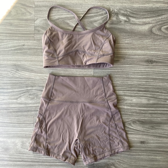 LSKD Pants - LSKD Womens Matching Set Sports Bra and Shorts in Brown